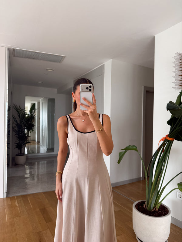 LINEN CONTRAST PIPING DRESS - VIŠE BOJA