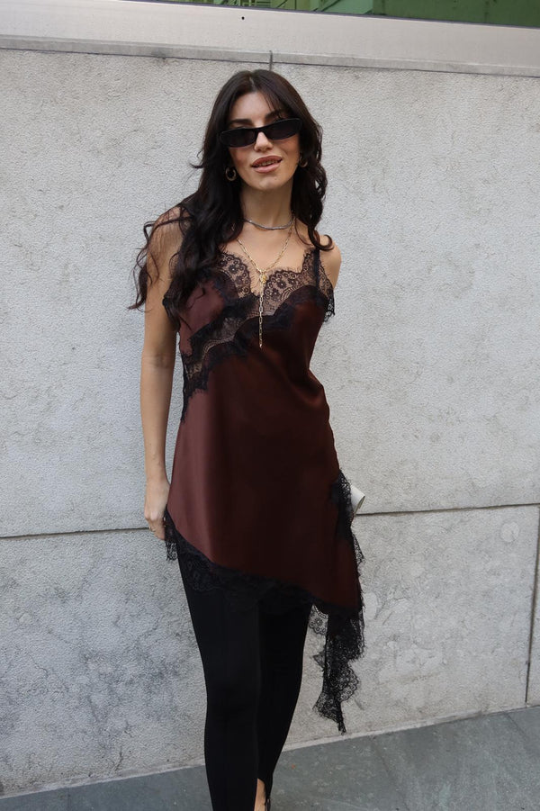 The Lace Satin Asymmetric Blouse Brown