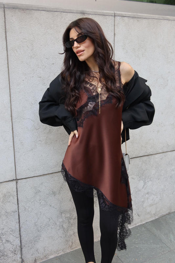 The Lace Satin Asymmetric Blouse Brown