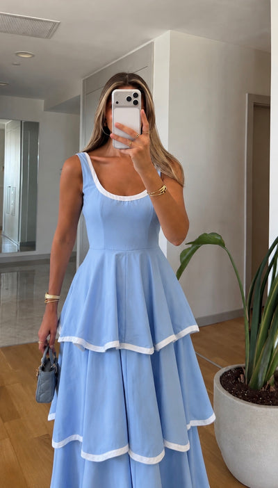 Blue Color Trim Premium Cotton Dress