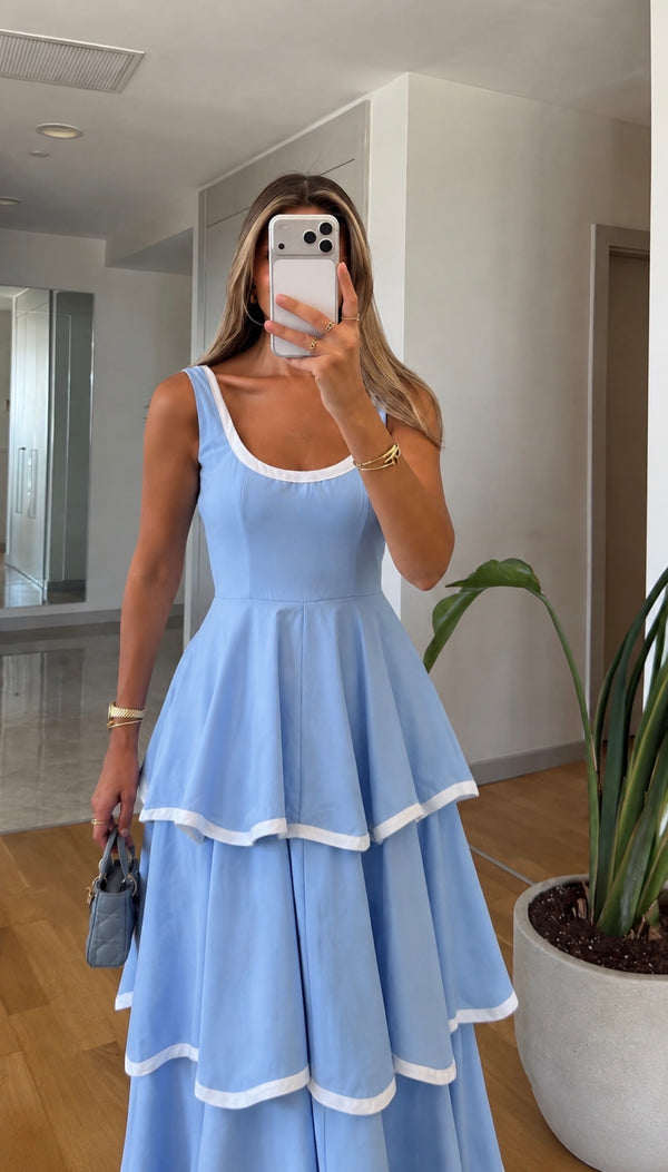 Blue Color Trim Premium Cotton Dress