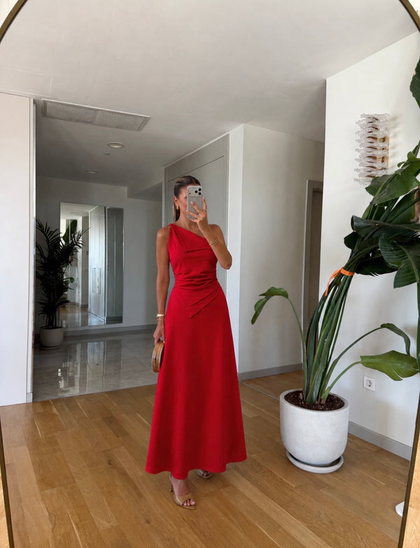 Asymmetric Linen Blend Red Dress
