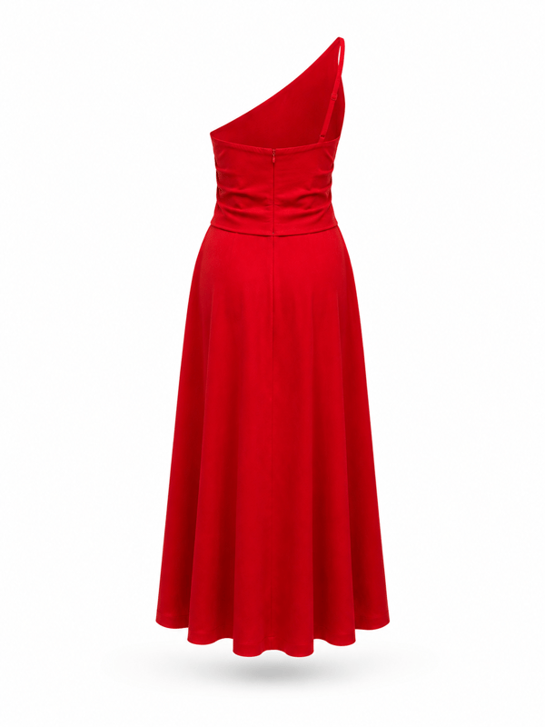 Asymmetric Linen Blend Red Dress