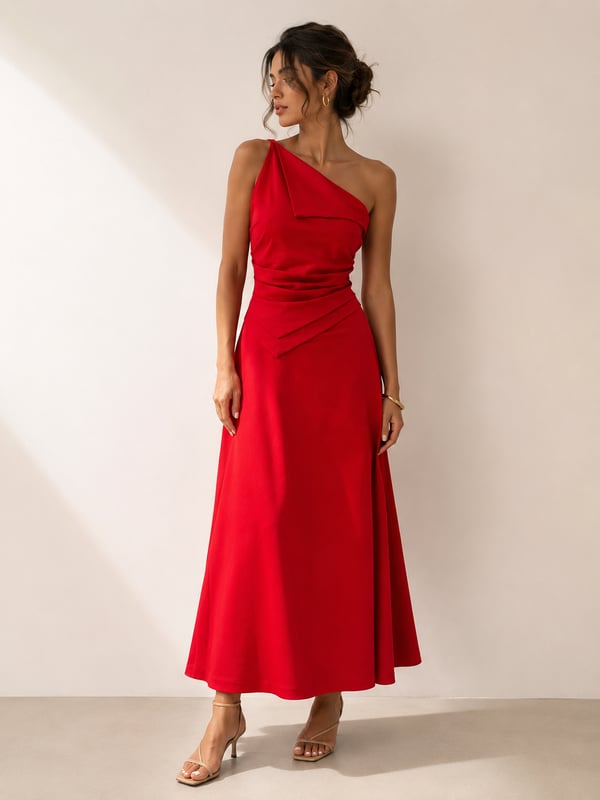 Asymmetric Linen Blend Red Dress