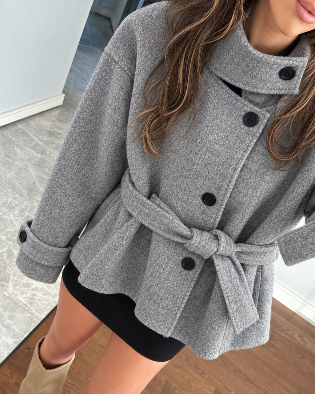 Sculpted High Collar Coat – Grey