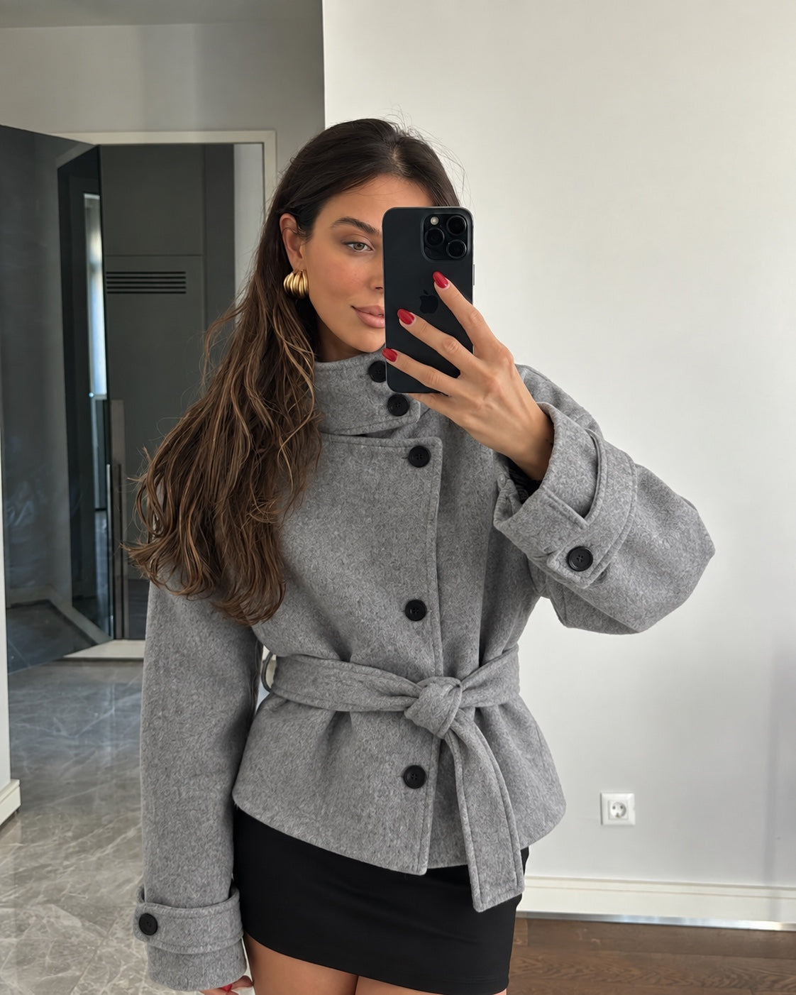 Sculpted High Collar Coat – Grey