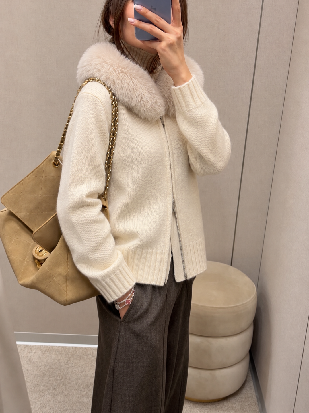 FUR HOOD KNIT KARDIGAN – BEIGE