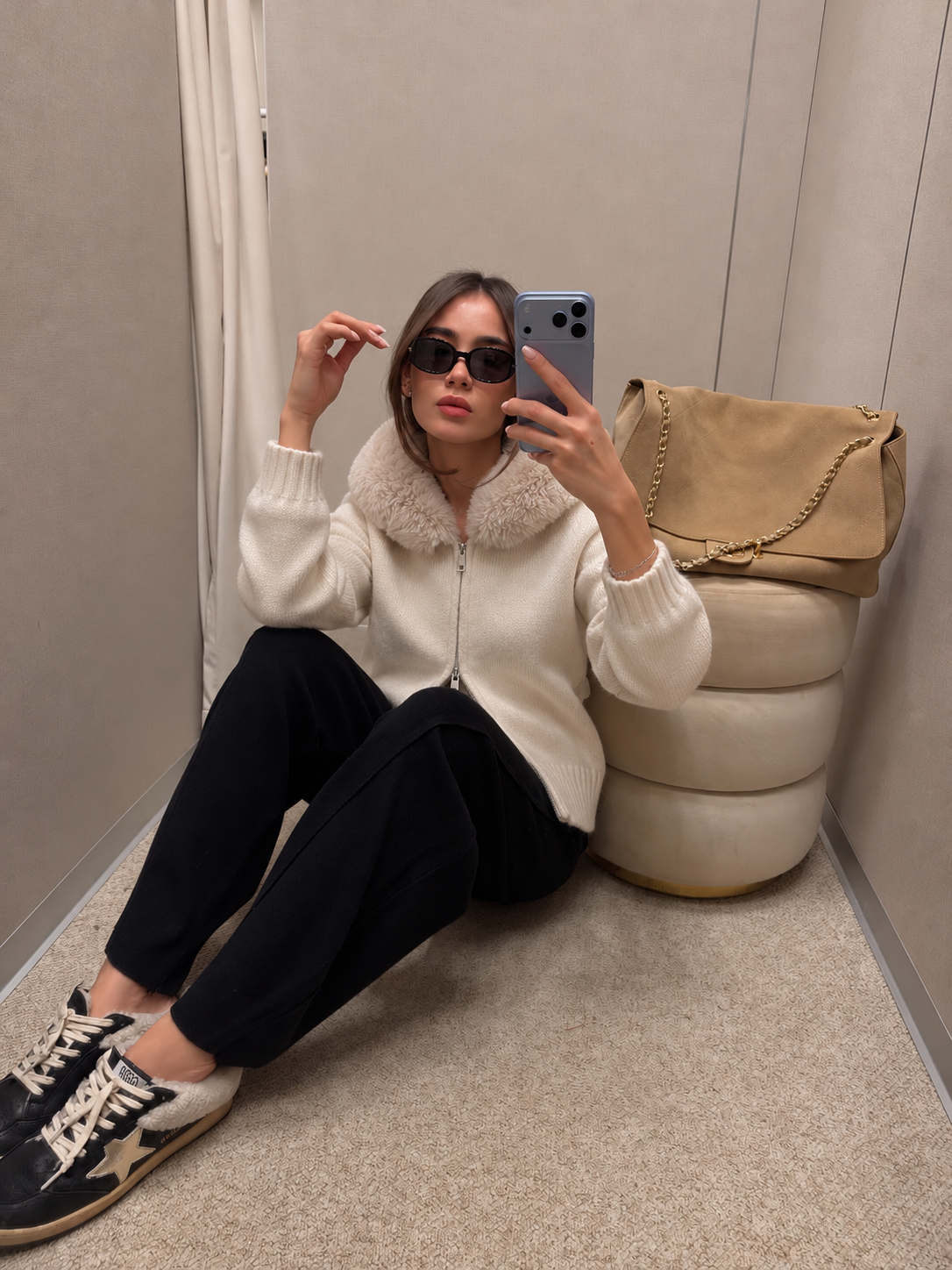 FUR HOOD KNIT KARDIGAN – BEIGE