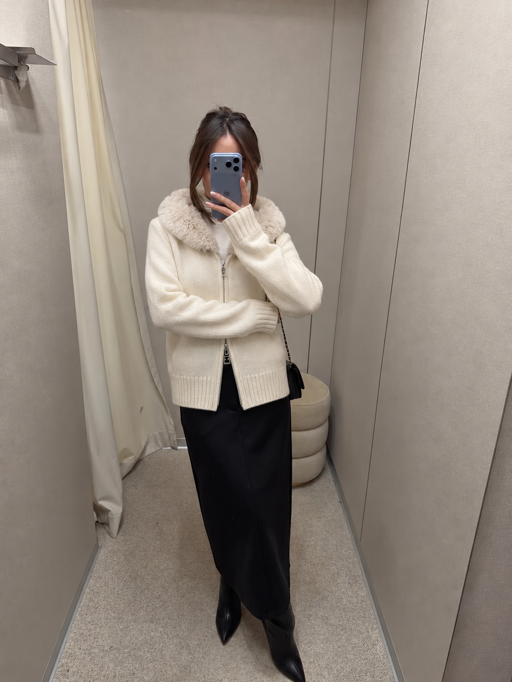 FUR HOOD KNIT KARDIGAN – BEIGE