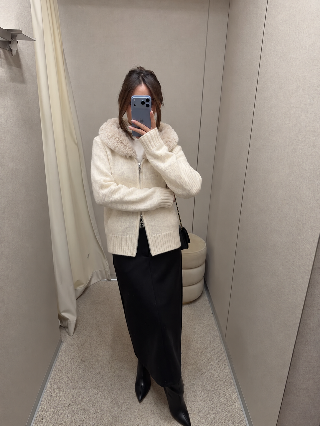 FUR HOOD KNIT KARDIGAN – BEIGE