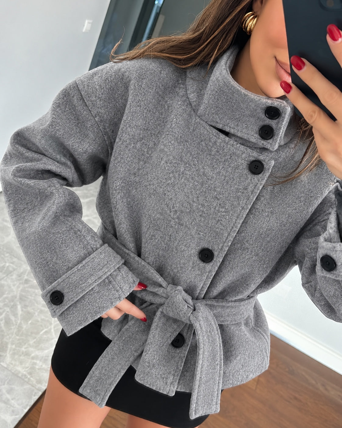 Sculpted High Collar Coat – Grey