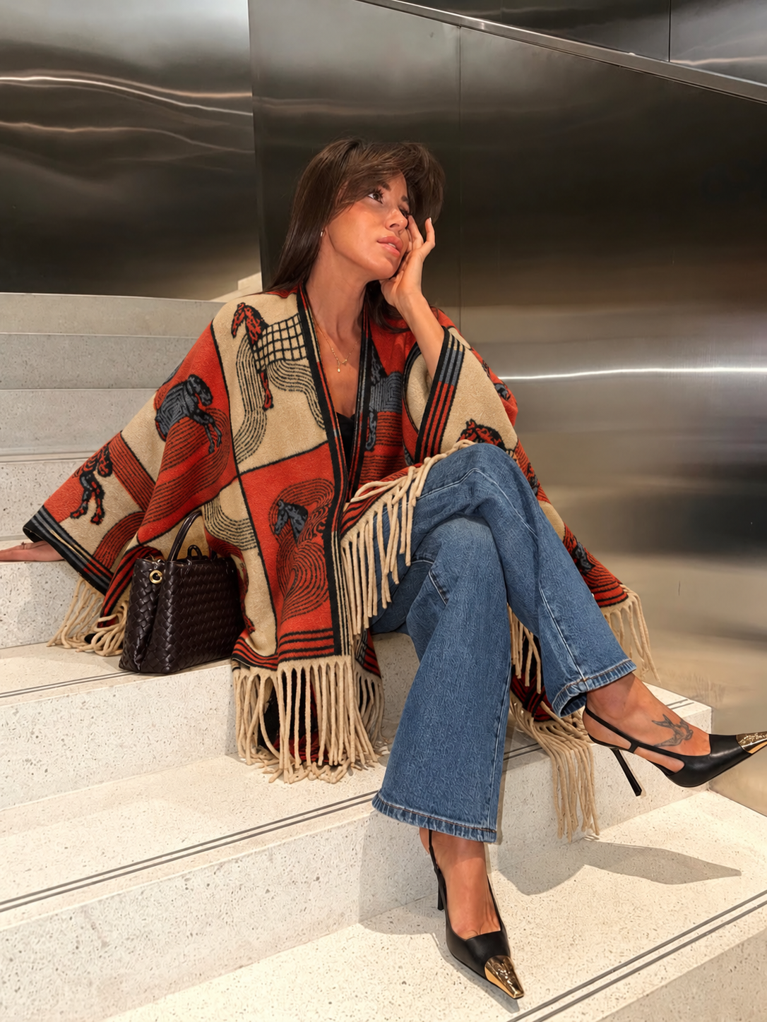 EQUESTRIAN FRINGED CASHMERE WOOL PONCHO