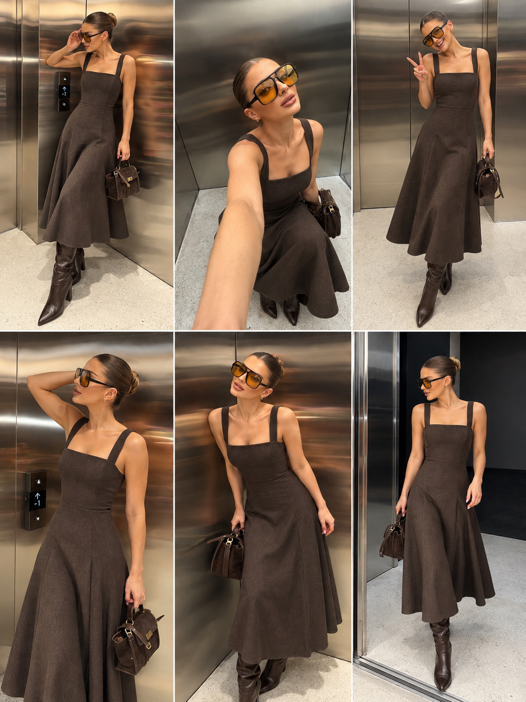 SCULPTED SQUARE NECK MIDI DRESS – COFFEE BROWN