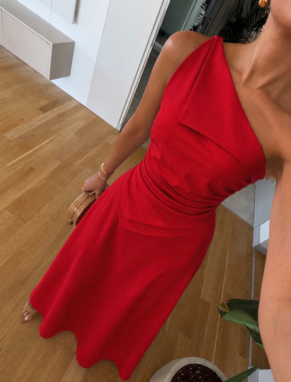 Asymmetric Linen Blend Red Dress