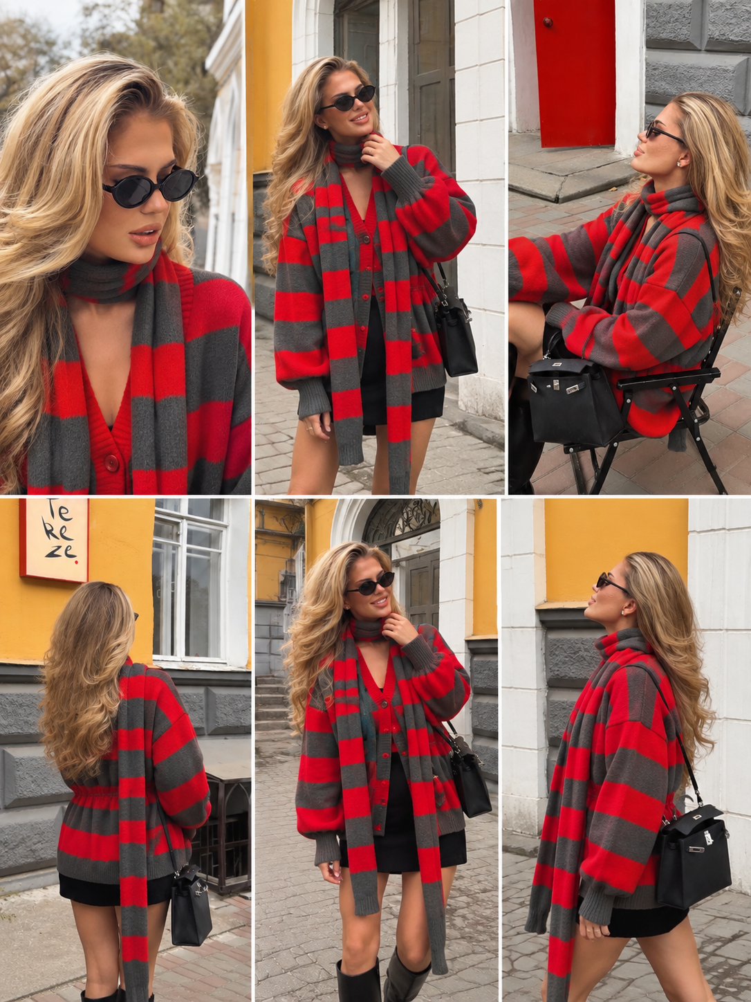 BOLD STRIPE CARDIGAN – RED & CHARCOAL