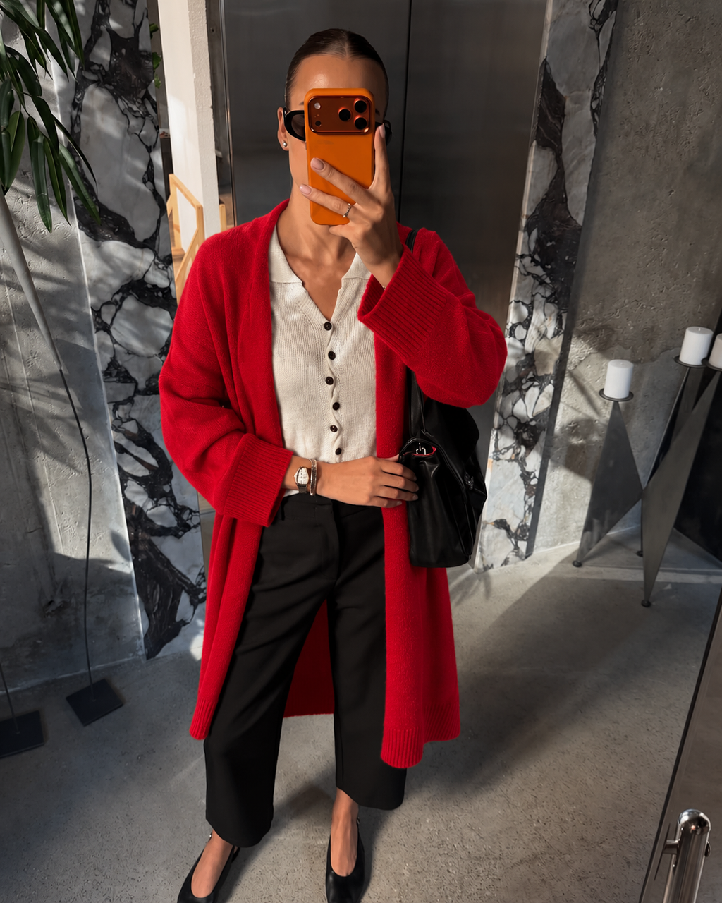 Red Long Knit Cardigan