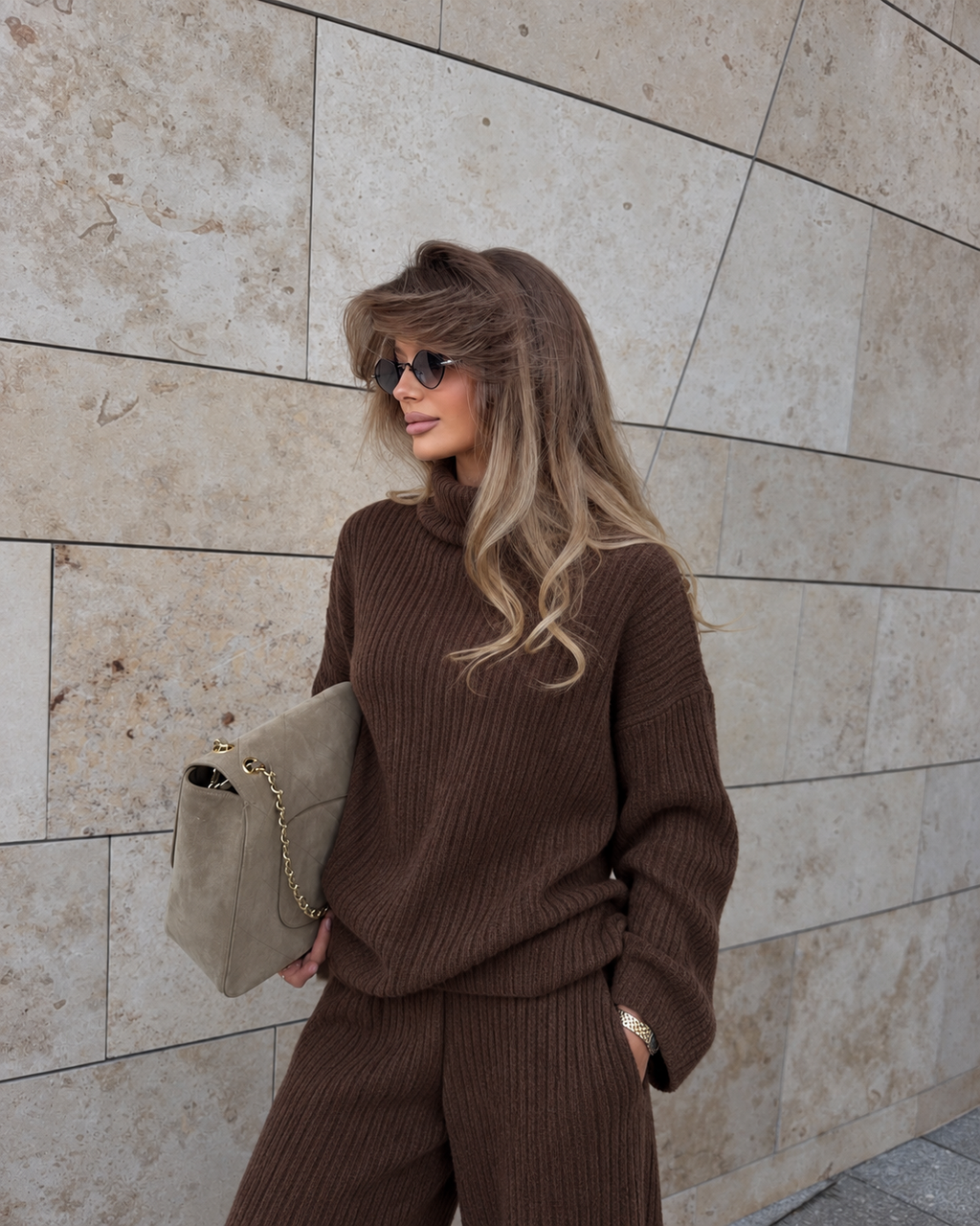 RIBBED KNIT LOUNGE SET - Grey