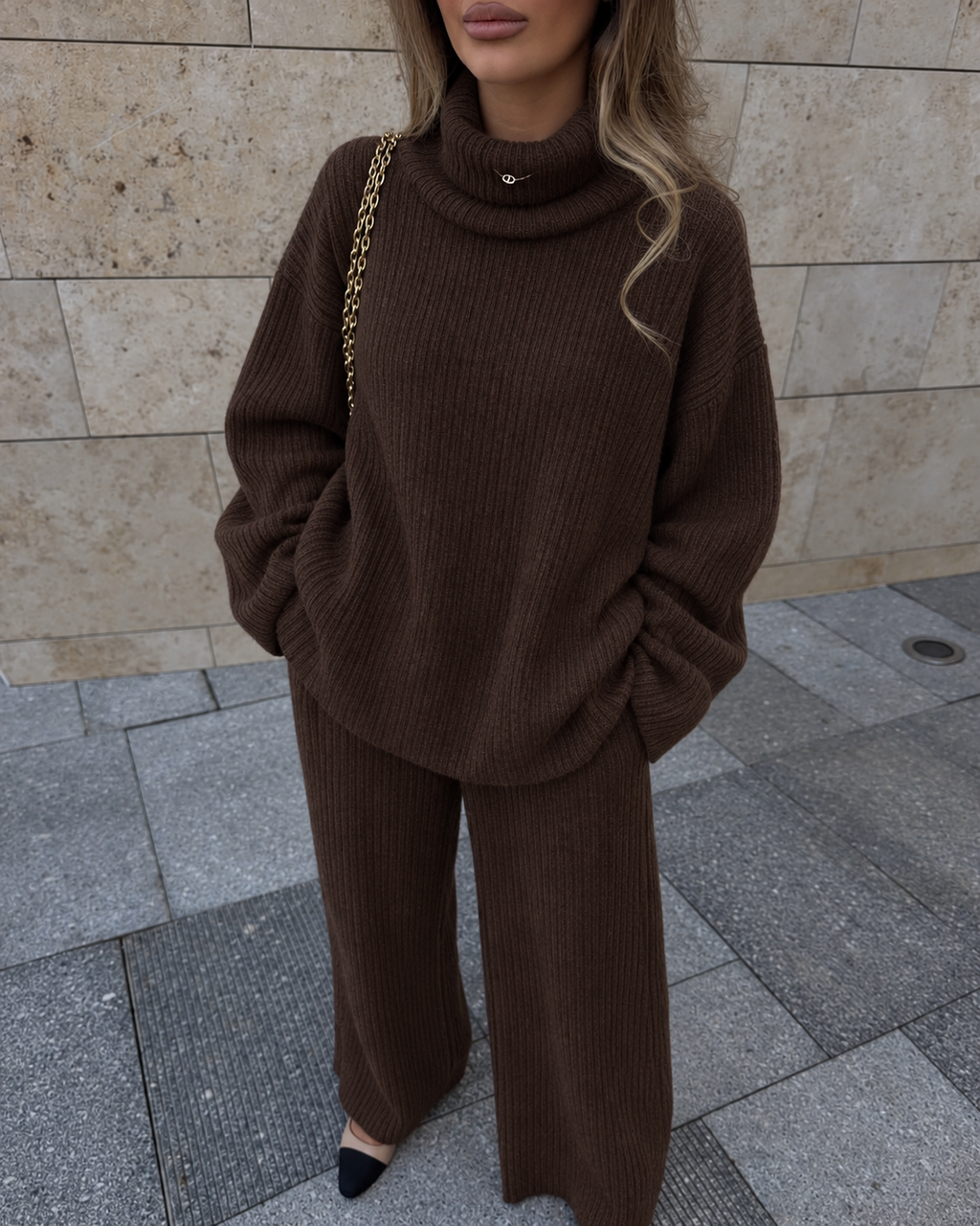 RIBBED KNIT LOUNGE SET - Grey