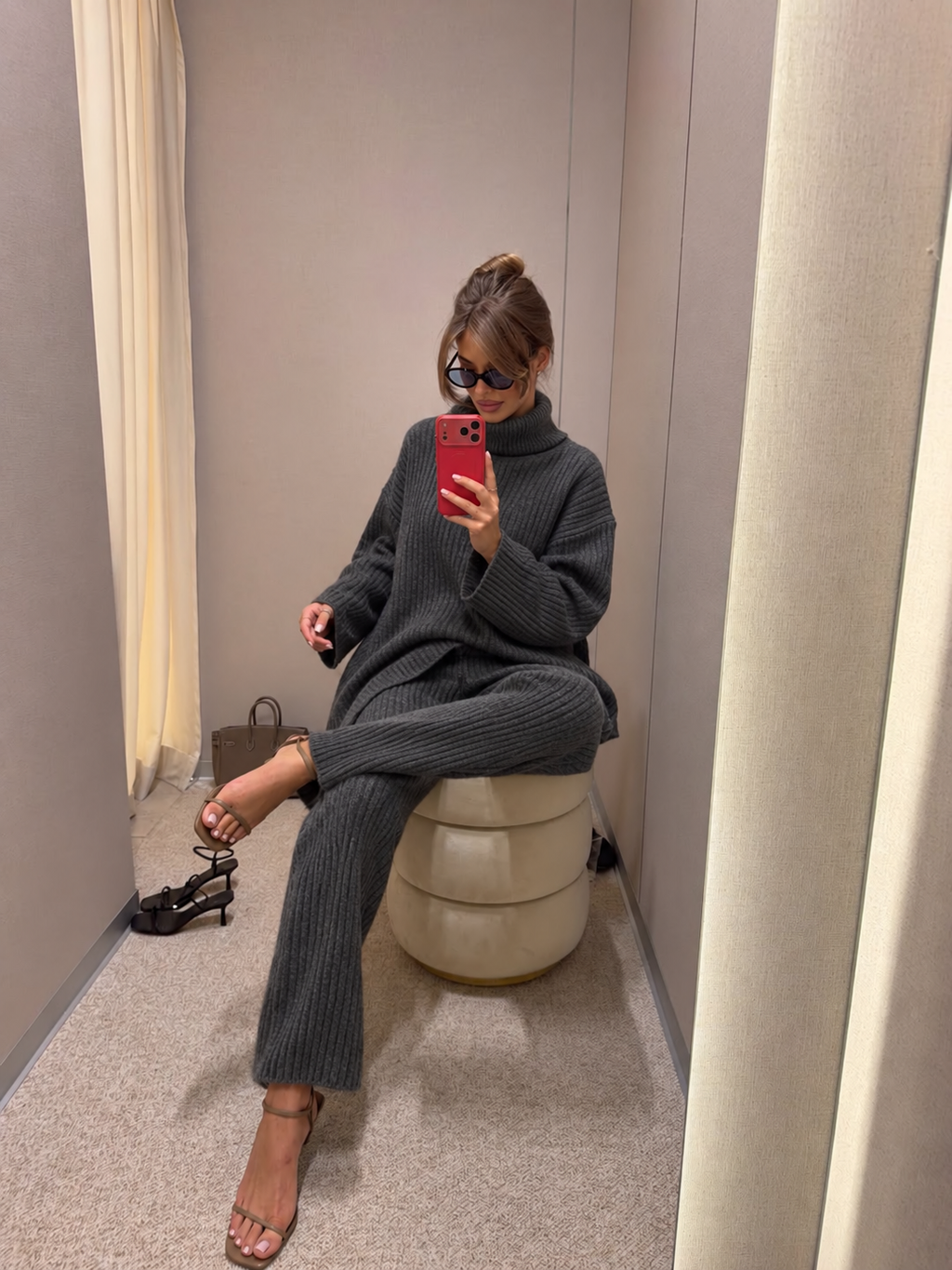 RIBBED KNIT LOUNGE SET - Grey