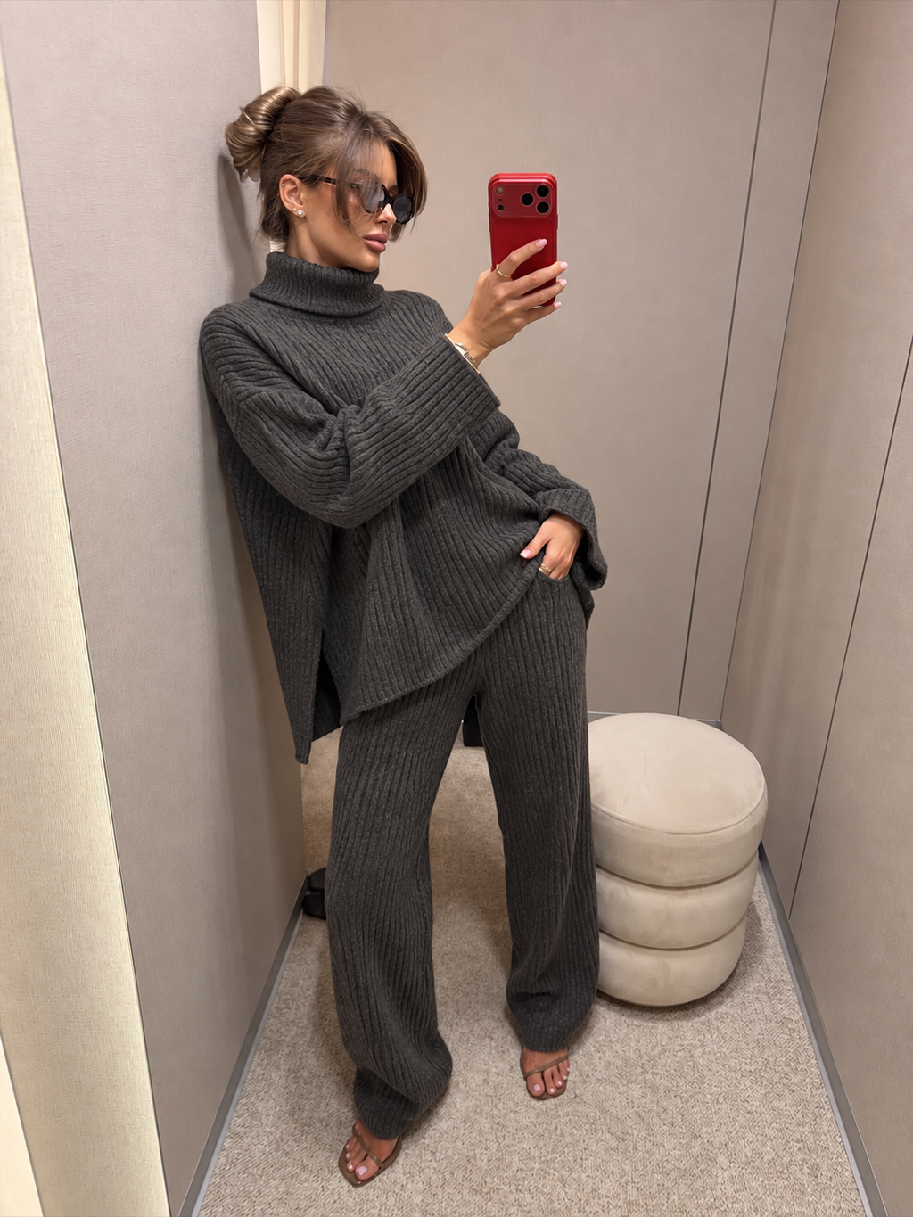 RIBBED KNIT LOUNGE SET - Grey