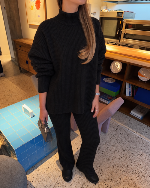 RIBBED KNIT LOUNGE SET - Black