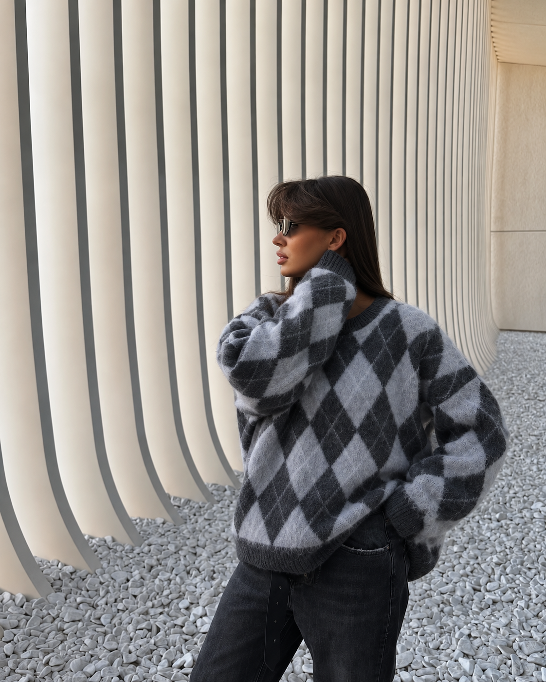 HERITAGE ARGYLE WOOL BLEND KNIT – GREY