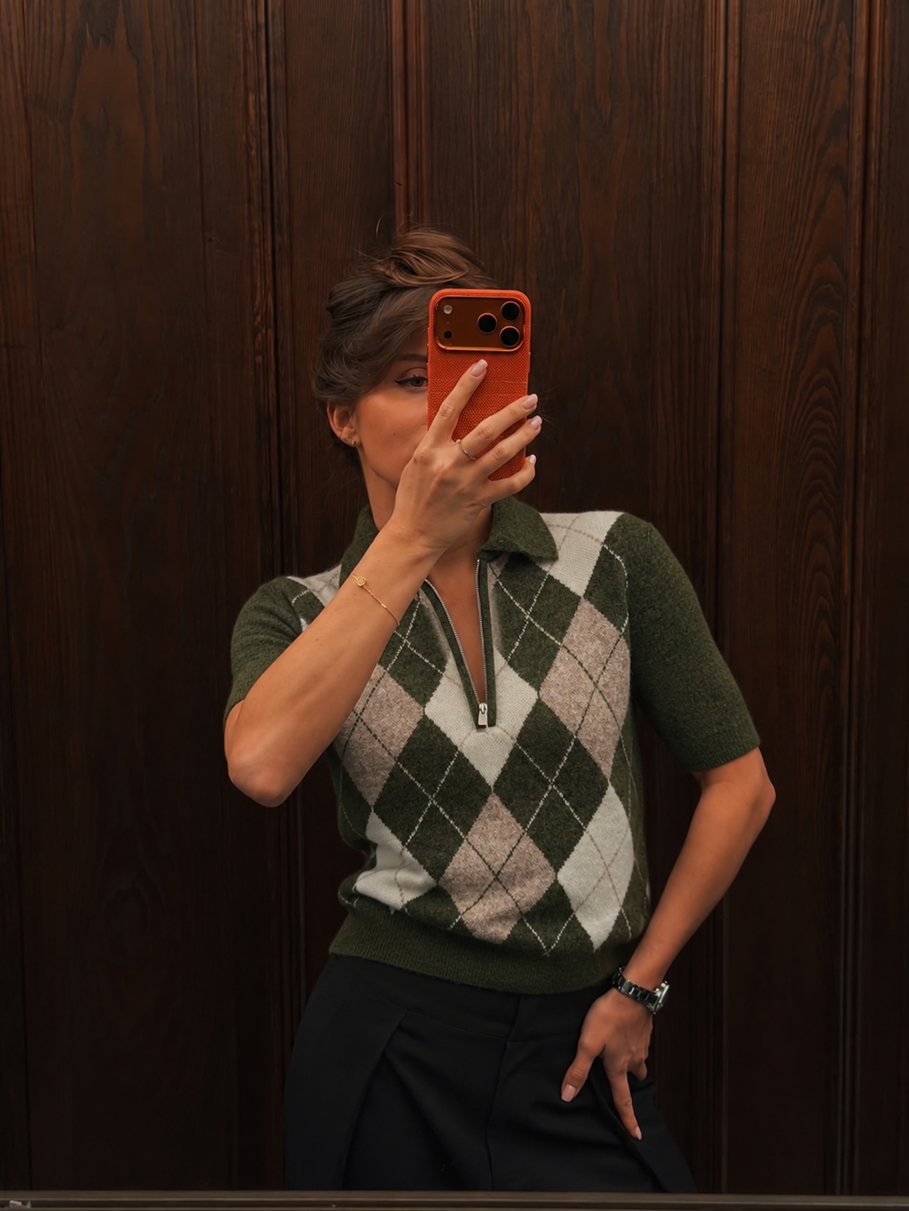 HERITAGE ARGYLE ZIP POLO KNIT – OLIVE CREAM