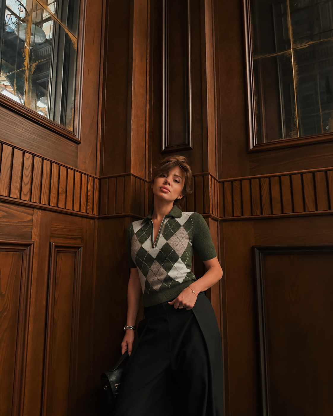 HERITAGE ARGYLE ZIP POLO KNIT – OLIVE CREAM