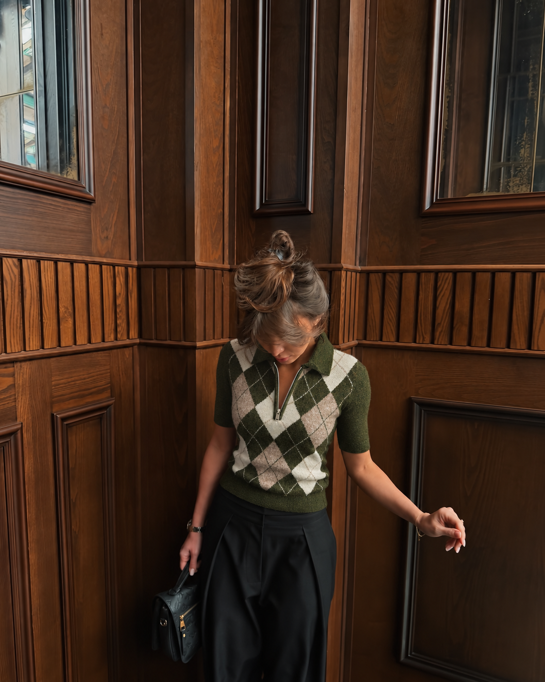 HERITAGE ARGYLE ZIP POLO KNIT – OLIVE CREAM