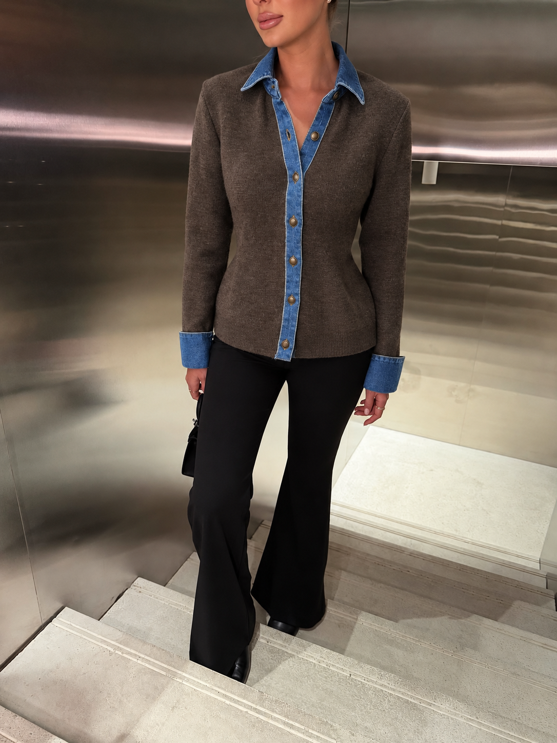 DENIM TRIM KNIT KARDIGAN – COFFEE MELANGE