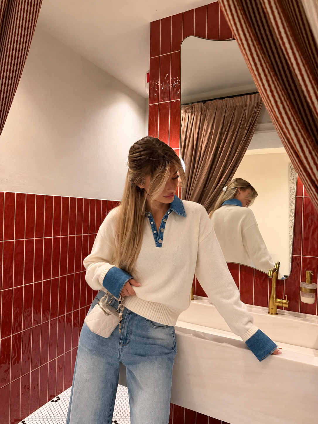 DENIM COLLAR KNIT – CREAM