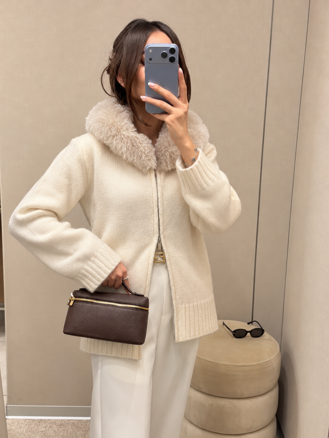 FUR HOOD KNIT KARDIGAN – BEIGE