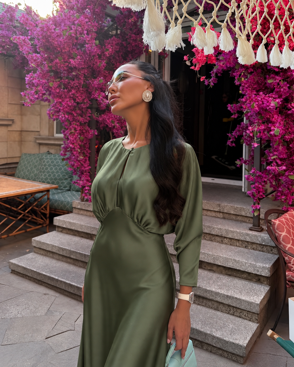 NOCTURNE SATIN MAXI DRESS – OLIVE GREEN