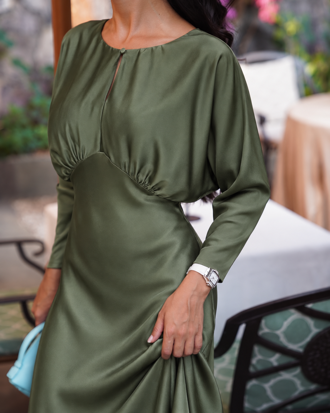 NOCTURNE SATIN MAXI DRESS – OLIVE GREEN