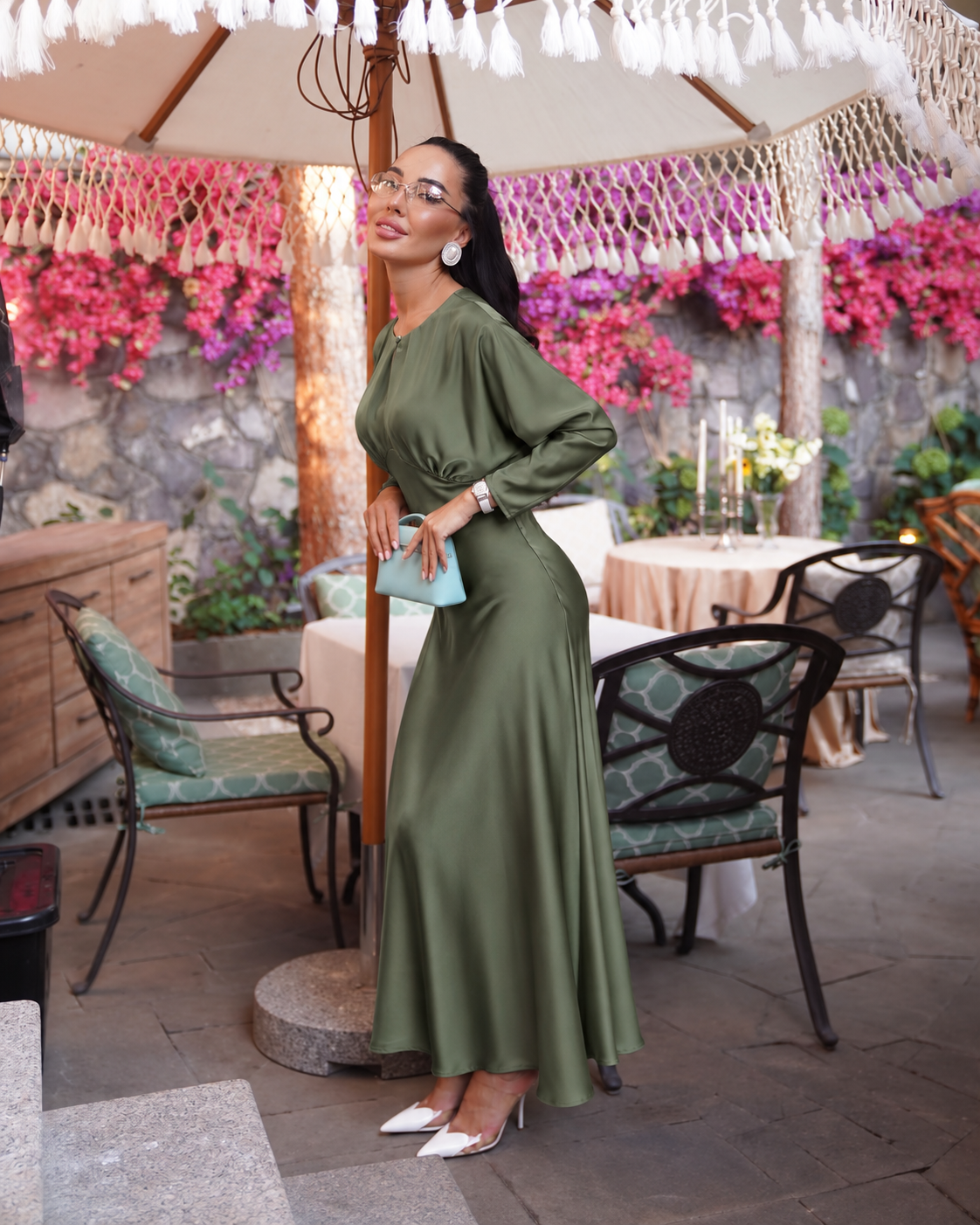 NOCTURNE SATIN MAXI DRESS – OLIVE GREEN
