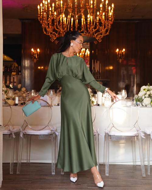 NOCTURNE SATIN MAXI DRESS – OLIVE GREEN
