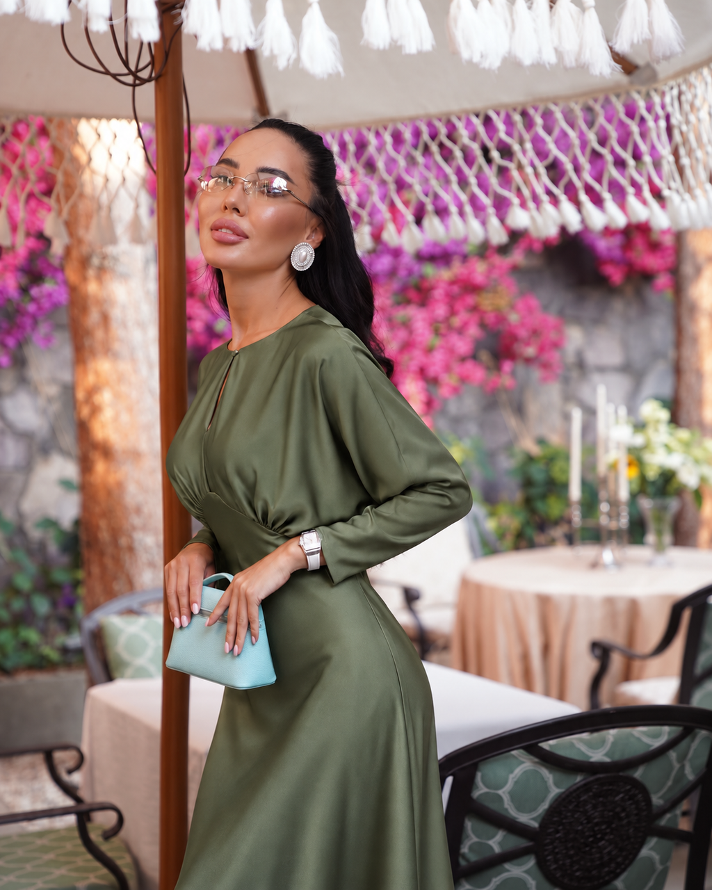 NOCTURNE SATIN MAXI DRESS – OLIVE GREEN
