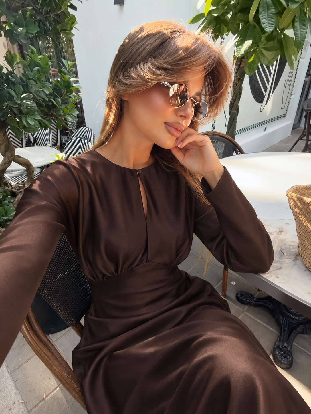 NOCTURNE SATIN MAXI DRESS – BROWN