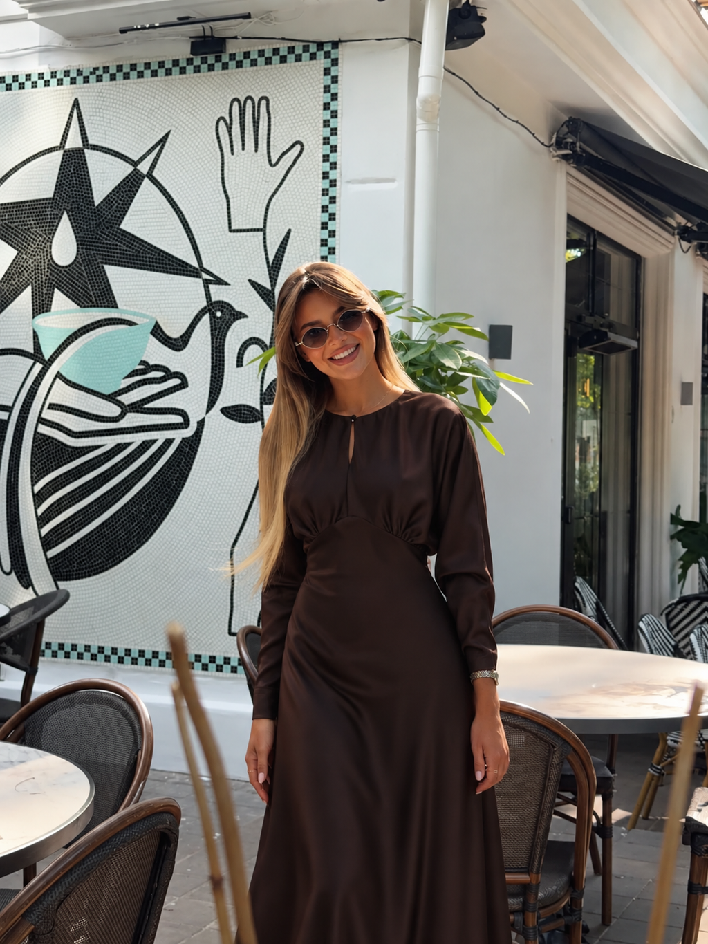 NOCTURNE SATIN MAXI DRESS – BROWN