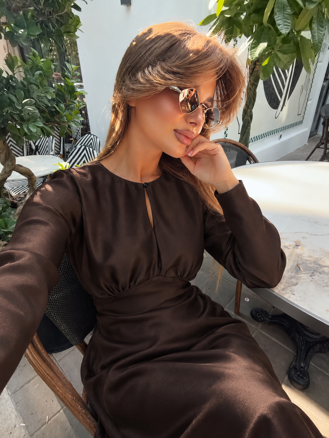 NOCTURNE SATIN MAXI DRESS – BROWN
