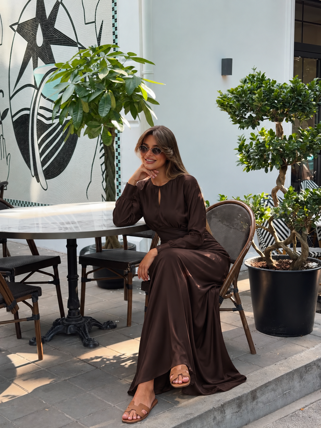 NOCTURNE SATIN MAXI DRESS – BROWN