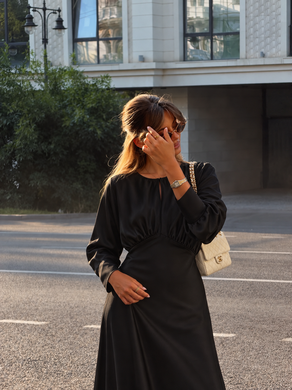 NOCTURNE SATIN MAXI DRESS – BLACK