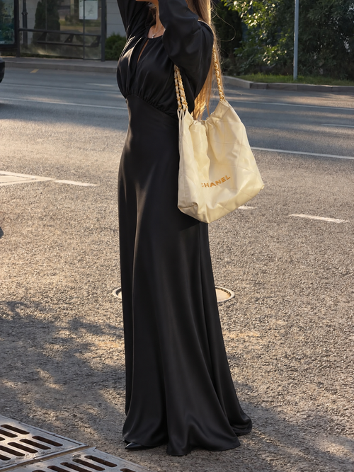 NOCTURNE SATIN MAXI DRESS – BLACK