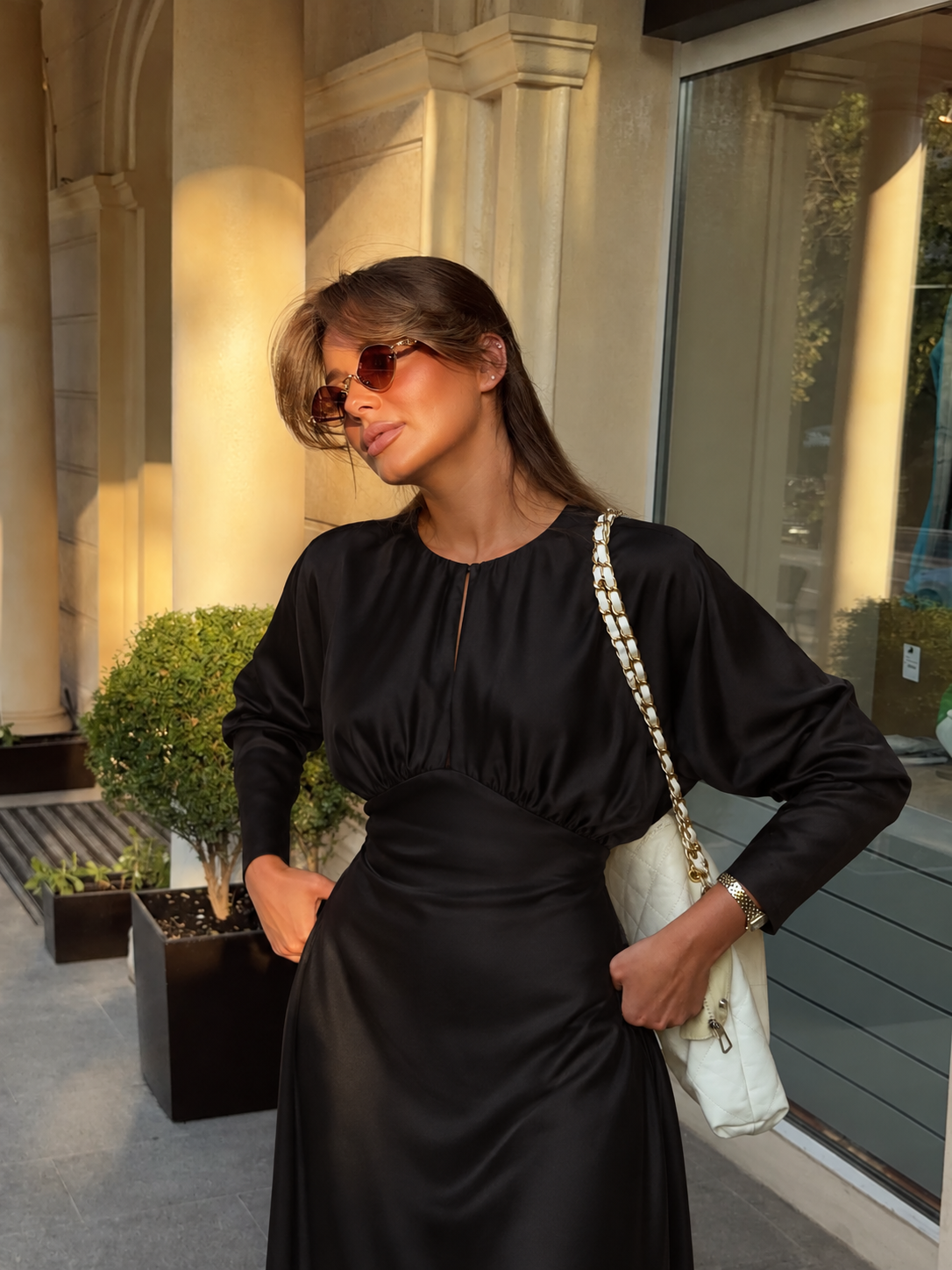 NOCTURNE SATIN MAXI DRESS – BLACK
