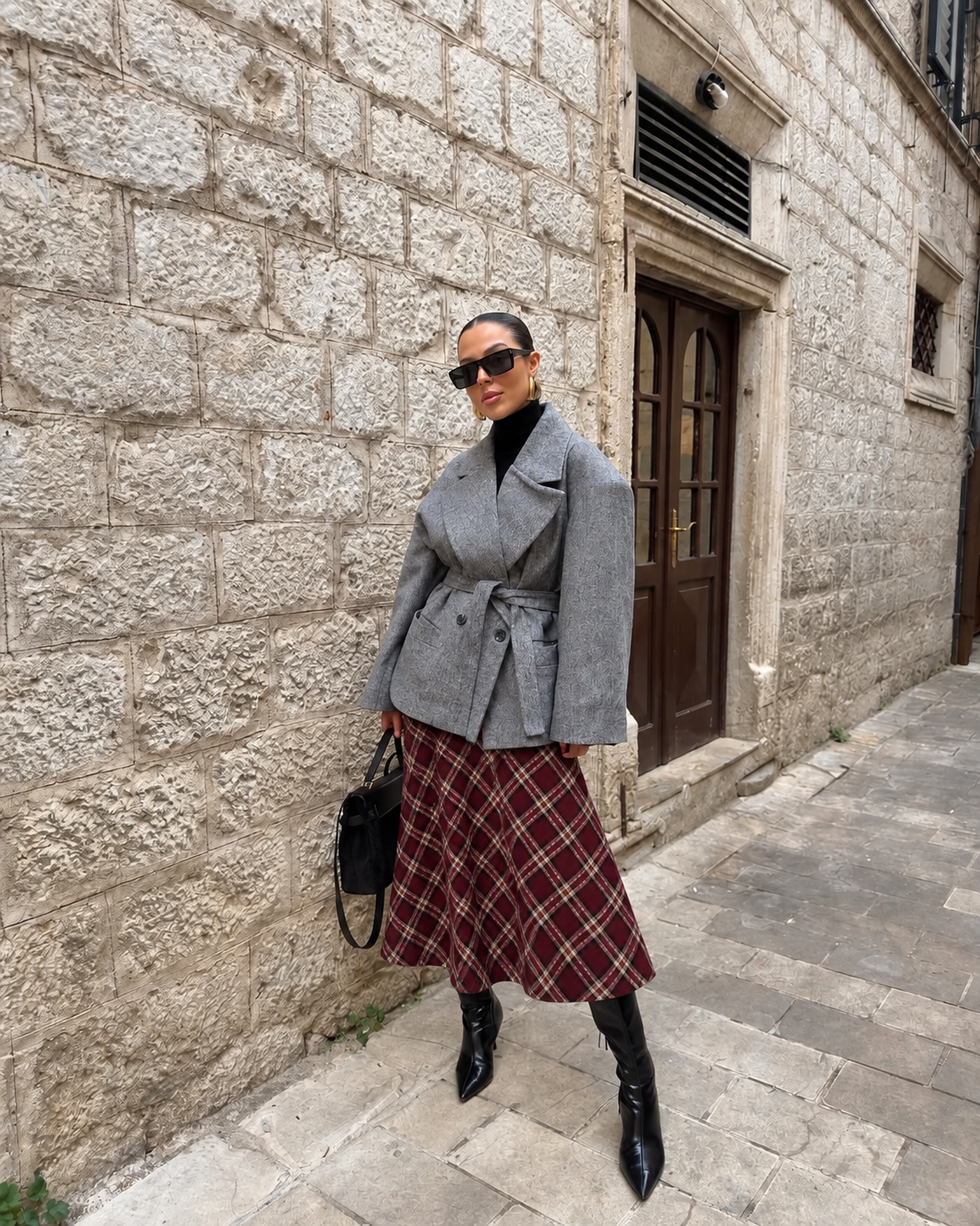 HERITAGE CHECK MIDI SKIRT – BURGUNDY