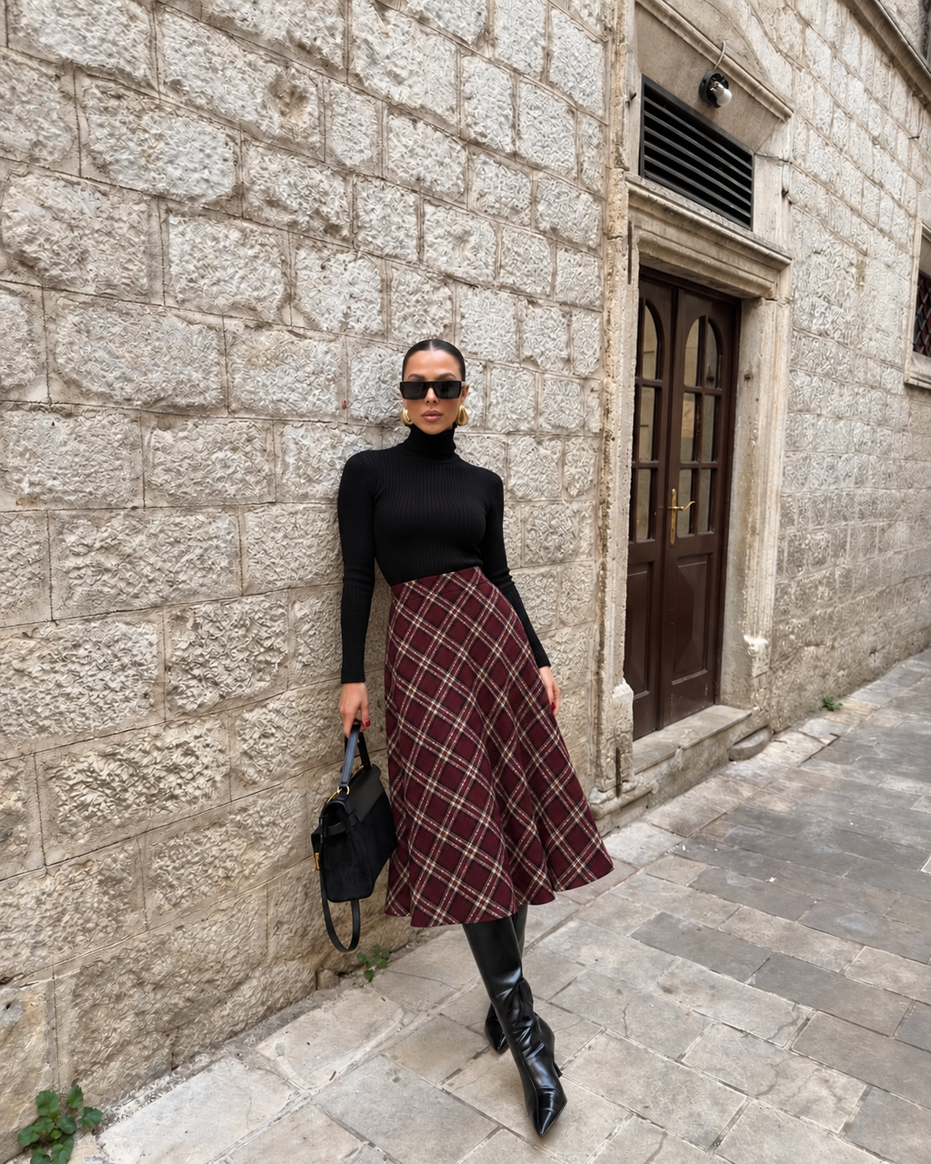 HERITAGE CHECK MIDI SKIRT – BURGUNDY