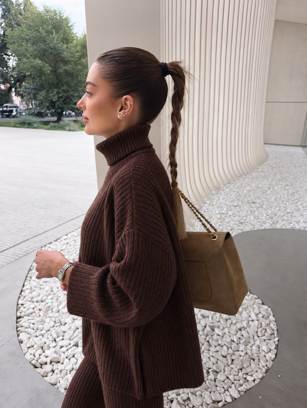 RIBBED KNIT LOUNGE SET Brown – Fashion Hunter, pogled 9
