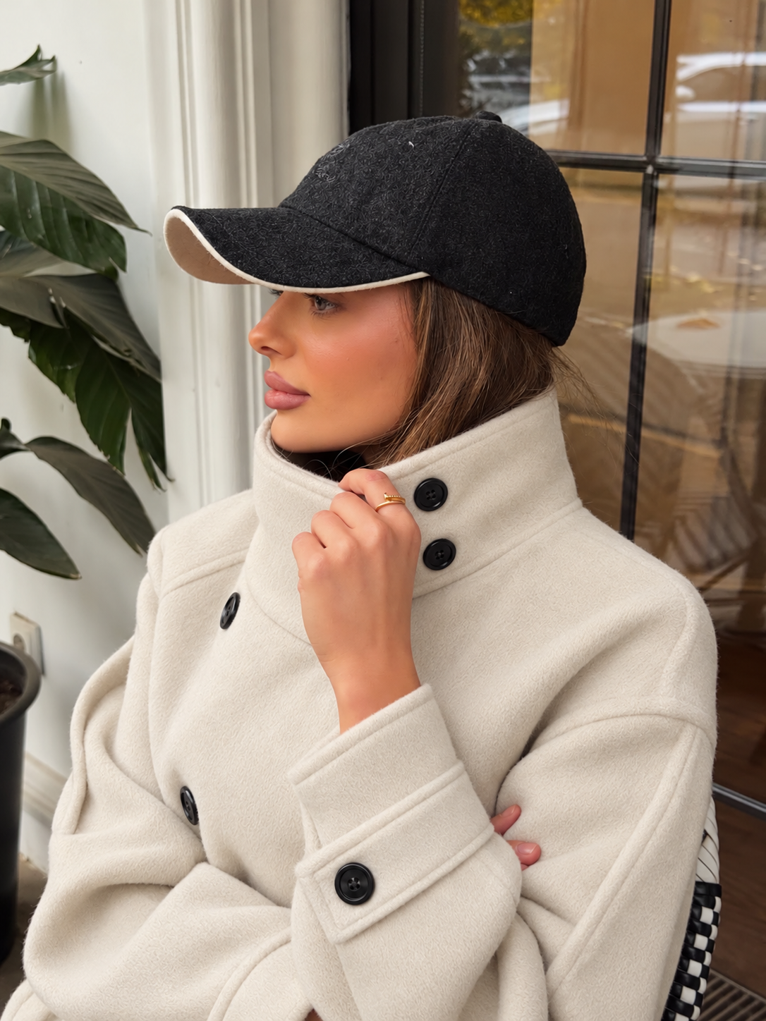 Sculpted High Collar Coat – Cream