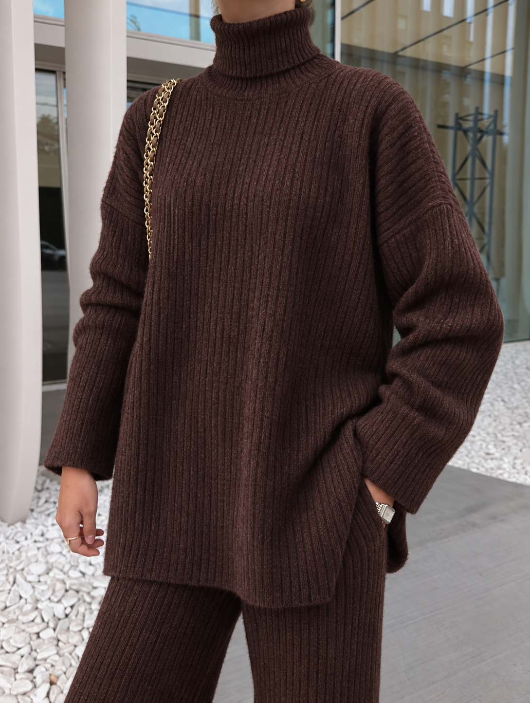RIBBED KNIT LOUNGE SET Brown – Fashion Hunter, pogled 6
