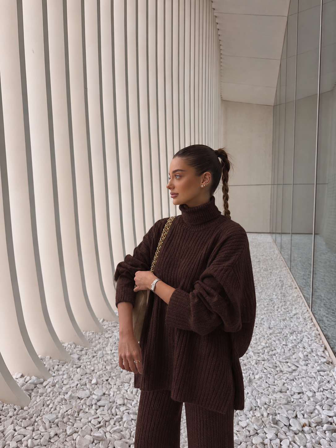 RIBBED KNIT LOUNGE SET Brown – Fashion Hunter, pogled 5